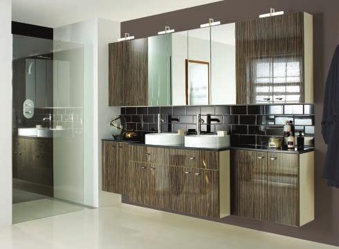 Zebrano slab style doors on Oyster Gloss cabinets with