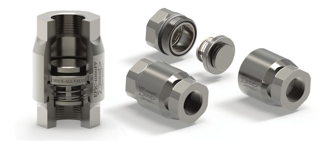 This check valve achieves a high flow capacity and reduced pressure loss compared to other poppet style check valves of similar sized connections.