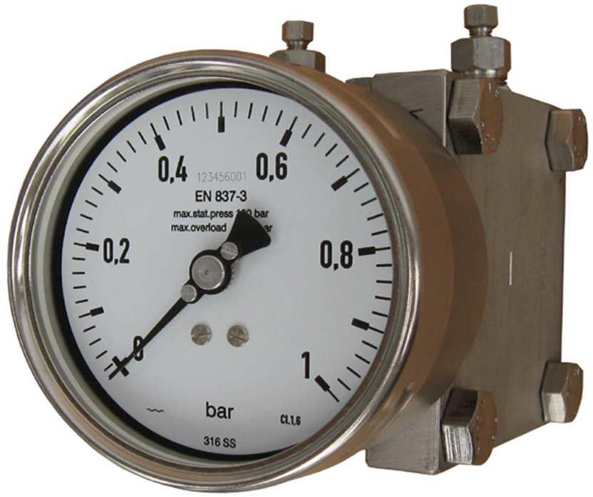 DIFFERENTIAL PRESSURE GAUGE TYPE POD TYPE POD, double diaphragm system overload save upto 100 (250) bar STANDARD MODEL Features : Wetted parts : double diaphragm system (DP cell) static pressure max.