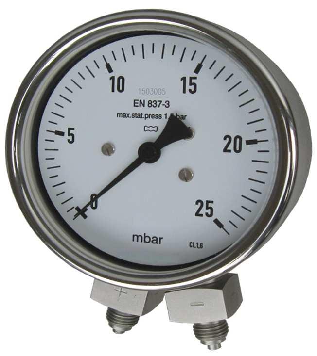 DIFFERENTIAL PRESSURE GAUGE TYPE PCD TYPE PCD, capsule system for low pressure STANDARD MODEL Features : capsule system for clean air and dry gasses case under static pressure Liquid filling and