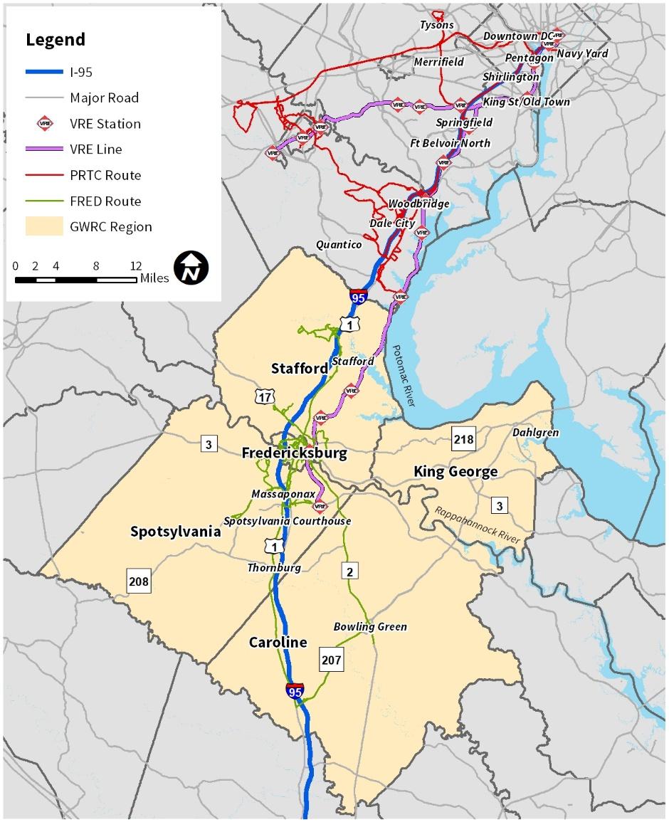 (PRTC) operates commuter bus service between Prince William County and points north; Commuter Rail: Virginia Railway Express (VRE) operates commuter rail service between Spotsylvania, Fredericksburg