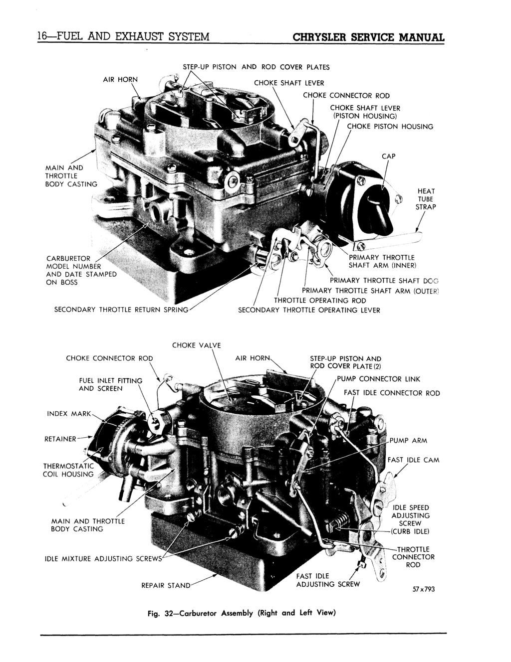 16 FUEL AND EXHAUST SYSTEM CHRYSLER SERVICE MANUAL STEP-UP PISTON AND ROD COVER PLATES AIR HORN CHOKE SHAFT LEVER CHOKE CONNECTOR ROD CHOKE SHAFT LEVER (PISTON HOUSING) CHOKE PISTON HOUSING MAIN AND