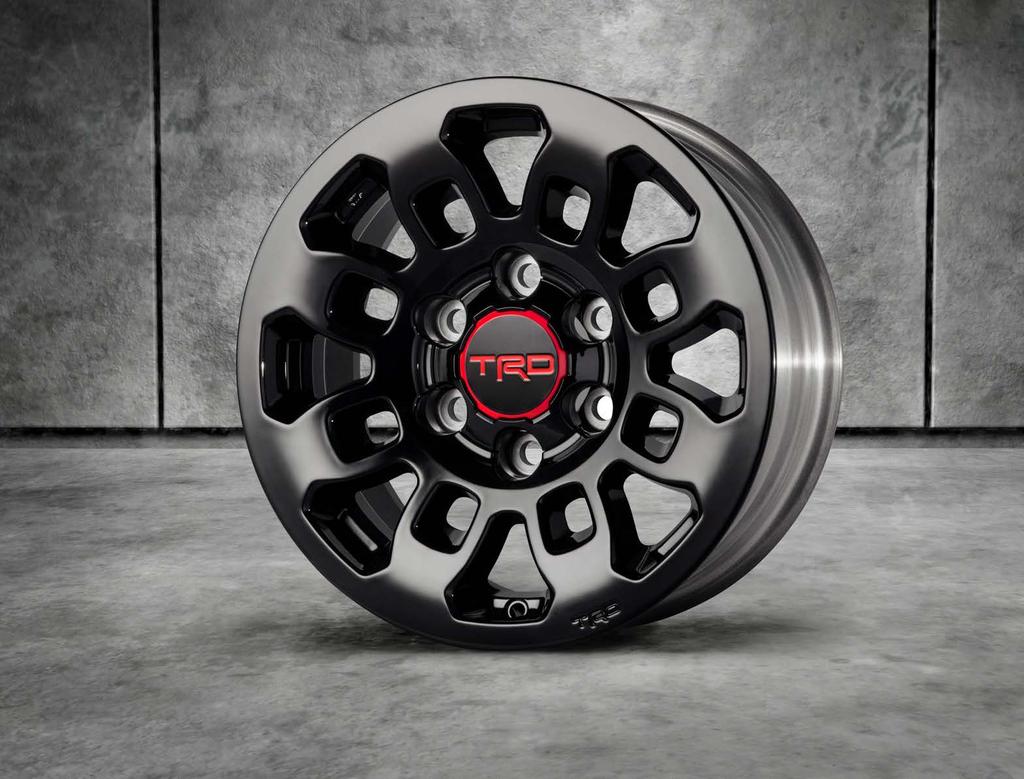 TRD PRO 16-in. BLACK ALLOY WHEEL Add some flash and give your Tacoma a custom look by outfitting it with the gloss black TRD Pro alloy wheels. 16-in. x 7-in. 9-spoke split style with 13 mm offset.