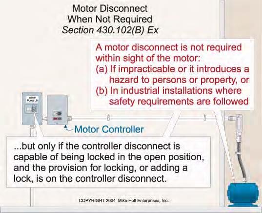 Top 101 Rules of Understanding the NEC, Volume 1 Part 4: Rules 76 101 Exception: A motor disconnecting means isn t required to be within sight from the motor under either condition (a) or (b), if the