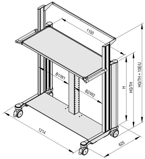 endo-cart endo-cart Basic frame Type 1 Basic frame Type 2 with extended vertical extrusion Installation Width division Installation height TH for Castors TH for Castors width W W1 / W2 in mm H Ø 100