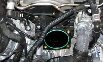 Place a shop rag around the fuel line fitting to absorb excess gas then depress the blue lock tab and pull the fuel line off the rail.