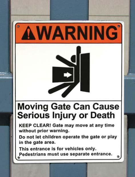 NO ONE SHOULD CROSS THE PATH OF THE MOVING GATE. 4. Test the gate operator monthly. The gate MUST reverse on contact with a rigid object or stop when an object activates the non-contact sensors.