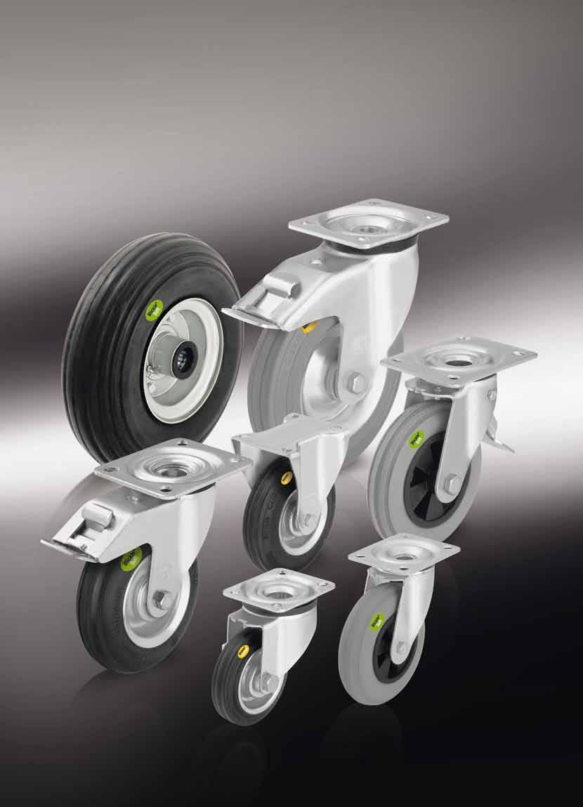 Wheels and castors with soft rubber tyres and two-component