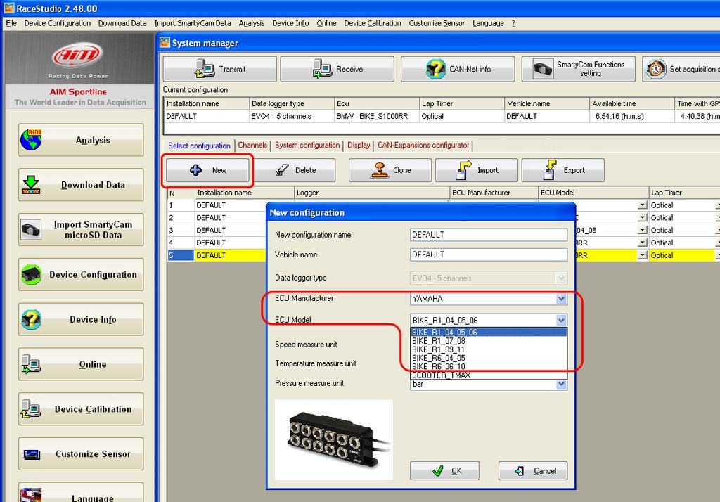 The software shows EVO4 configuration page: select the configuration you want to use or press New to create a new one.