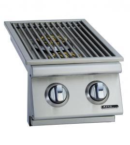 Slide in Double Side Burner Front & Back 304 Stainless Steel Construction 304 Stainless Steel Removable Cover Solid Brass Burners 11,000 BTU s Each Solid Stainless Steel Grates & Piezo Igniter System