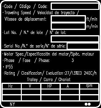 9.0 Parts List When ordering parts, please provide the trolley code number, lot number and serial number located on the hoist name Plate (see fig. below). Reminder: Per sections 1.1 and 3.6.