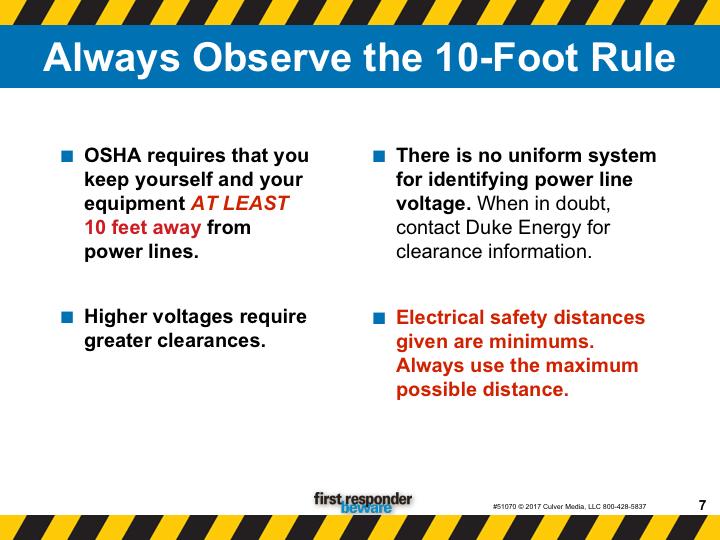 Always observe the 10-foot rule. The minimum safe distance from power lines is 10 feet. OSHA requires that you keep yourself and your equipment at least 10 feet away from power lines.