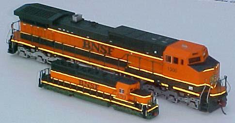 Two BNSF, N scale and HO showing off their reflective stripes.