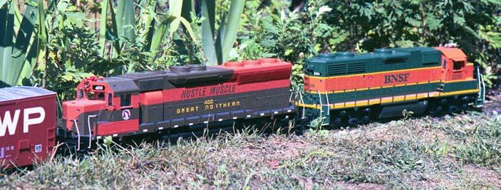 Reflective decals on Large Scale SD 45 and GP 38-2 models, shown during daylight in Garden Railway setting.