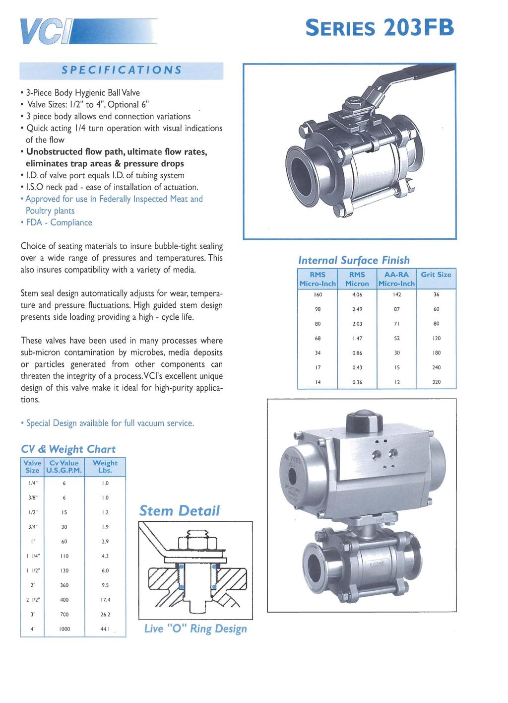 SERIES 203FB 3-Piece Body Hygienic Ball Valve Valve Sizes: I /2" to 4", Optional 6" 3 piece body allows end connection variations Quick acting I /4 turn operation with visual indications of the flow