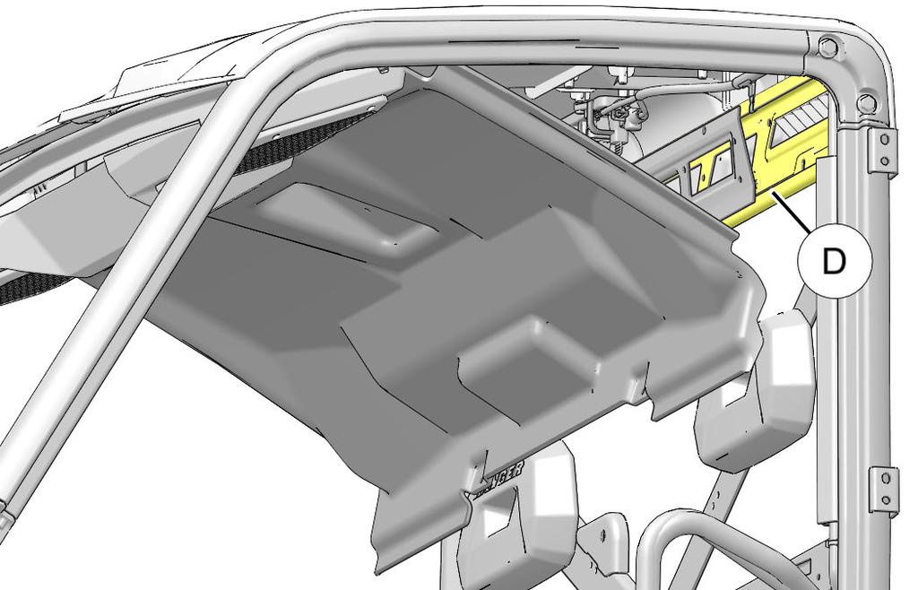 Observe how roof panel is locked to ROPS at three front hooks F and two rear