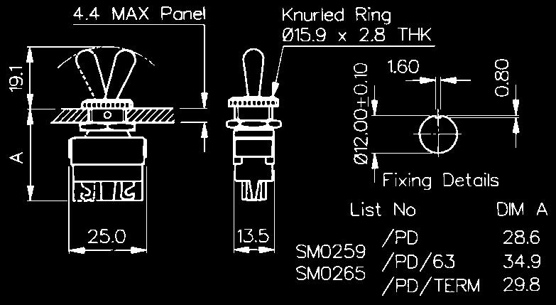 Solder Tags Screw Terminals Switching: SM0259/PD S.P.M.B. 1 pair of See table for types contacts (Quick Make/Break) Slow Make, Slow Break SM0265/PD S.P.C.O. 2 pairs of contacts (Quick Make/Break) Max.