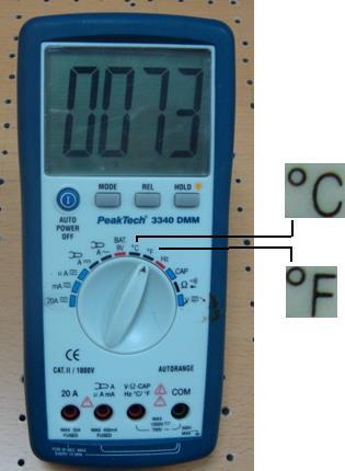 1. Select the required temperature range, by turning the rotary selector switch either to C or F position. Connect the thermocouple adaptor to the V/Ω/CAP/Hz/Temp.- and COM input terminal. 2.