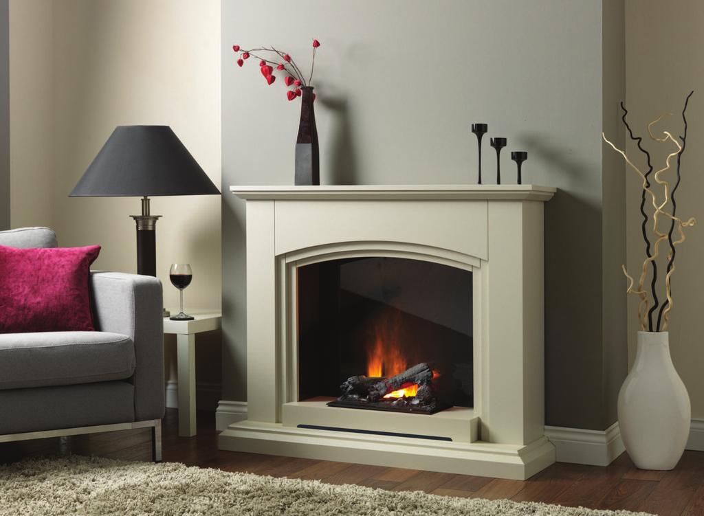 Siena Shown in Sandstone finish the Siena electric suite is also available in Natural Oak finish. Both have a high gloss charcoal grey chamber which reflects the realistic flame effect.