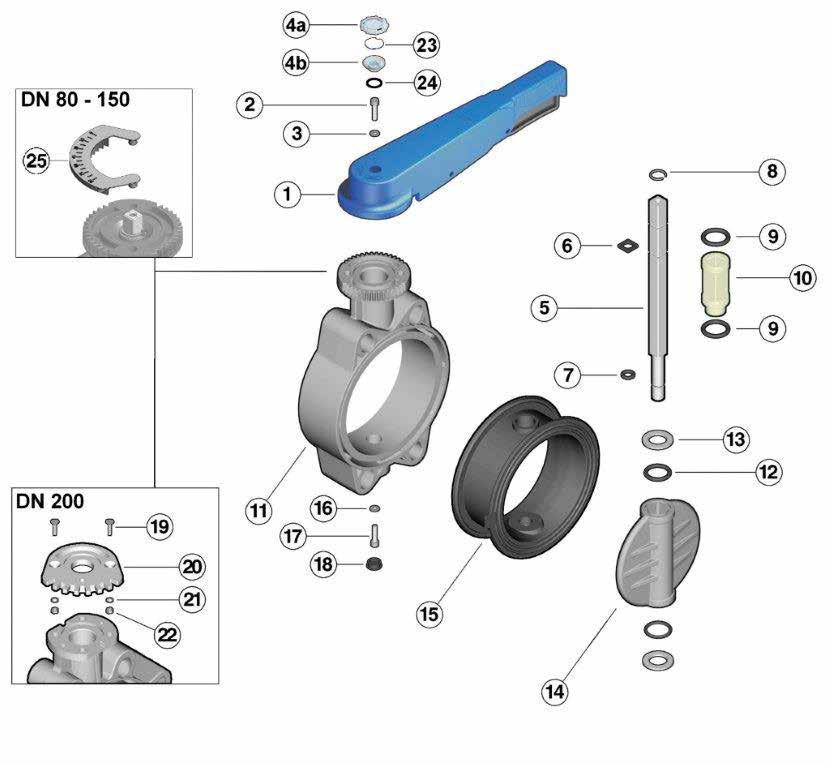 EXPLODED VIEW DN 65 200 1 Handle (HIPVC - 1) 2 Screw (STAINLESS steel - 1) 3 Washer (STAINLESS steel - 1) 4 Transparent protection plug (PVC - 1) 5 Stem (Zinc plated steel - 1) 6 Stem O-Ring (EPDM or