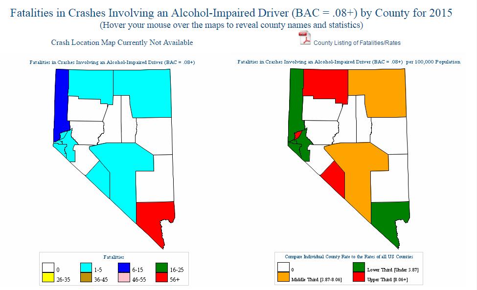 Nevada Alcohol-Impaired Fatalities by County Highest prevalence of alcohol-related fatalities is in Clark County, where ~70% of Nevada s