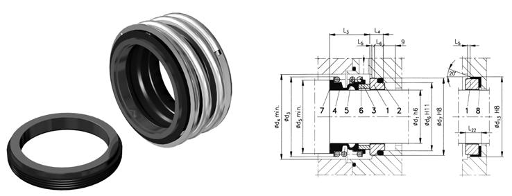 A1 1.0 MPa Temperature t max 120 C * Speed v max 10 m/s Single mechanical seal With rubber bellows Unbalanced Independent on direction of shaft rotation Central spring D1 D3 D4 D5 D6 D7 D13 L3* L4 L5