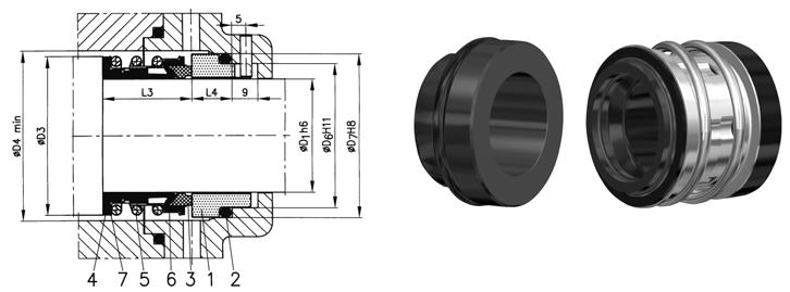 Single, balanced mechanical seal with elastomer bellows Central, non-clogging coil spring Dual-direction of shaft rotation Bellows protected against twisting Easy and quick installation EN 12756 A4 2.
