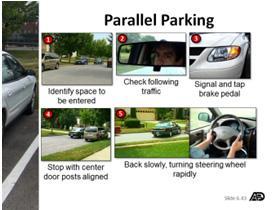 Parallel Parking Entering a parallel parking space: 1. Identify legal parking space 2. Check following traffic 3. Tap brake pedal and signal intentions 4.