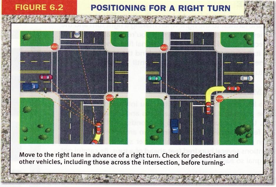 Where there is more than one right turn lane, exit and enter the corresponding lane and be alert for drivers crossing lanes while making the turn.