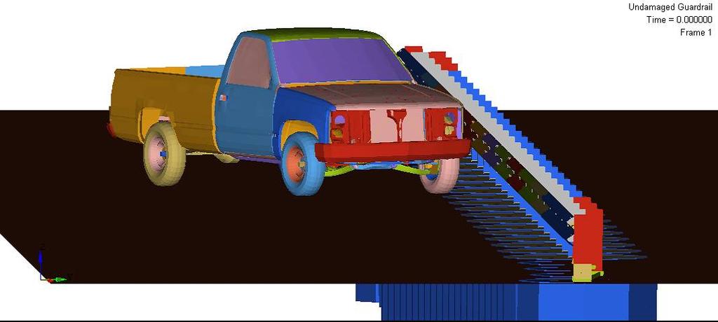 Figure 6. A finite element model of a crash test into strong-post w-beam guardrail Many of the assumptions used in reconstruction algorithms are not present in finite element models.