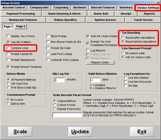4. Select the Invoice Settings tab. 5. Under Page 1, make sure that: Combine Lines is Un-checked. 6.