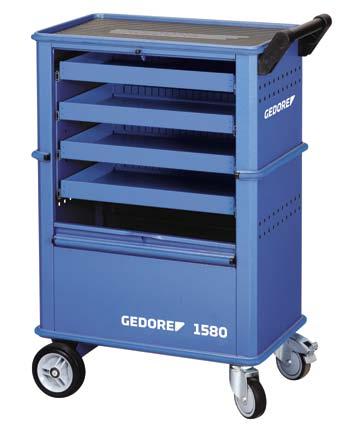 Workshop Equipment 1580 Tool trolley with 4 drawers 300 kg Body: Dimensions: H 930 x W 625 x D 400 mm Double sided metal shutters to secure the whole internal space Working platform with ABS top With
