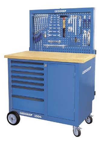 030 031 BR 1504 Mobile workbench with self raising rear panel 700 kg Body: Dimensions: H 985 x W 1100 x D 550 mm 30 mm thick multiplex beech wood worktop, surface additionally protected by linseed