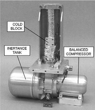 Fig. 3 Integral clearance seal compressor embodied in a Stirling cycle cooler which has a single motor and pneumatically driven displacer 1.