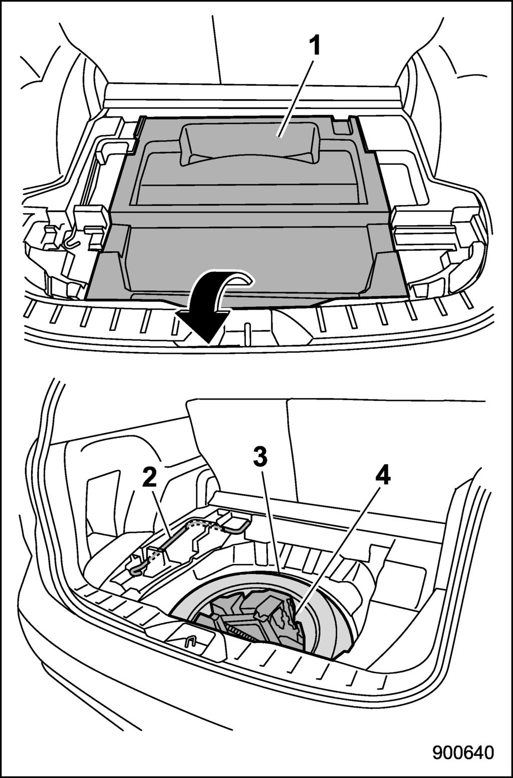 & Under the rear floor The jack, jack handle and towing hook are stored as shown in the following illustrations.