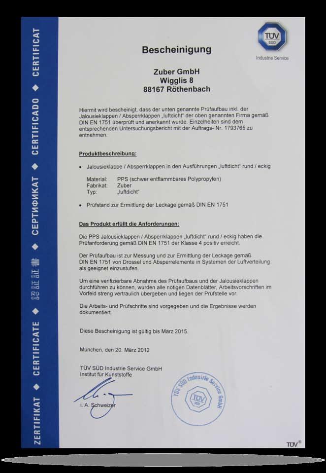 TÜV test report For years, ZUBER has been manufacturing