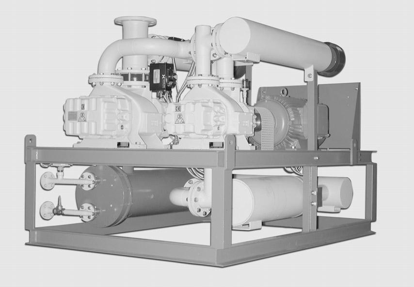 RUTA RAV Pump Systems with RUVAC RAV Roots Vacuum Pumps, Two-Stage Standard Equipment - Roots vacuum pumps with preadmission cooling - One or two RAV F pumps are connected upstream of the RUVAC RAV G