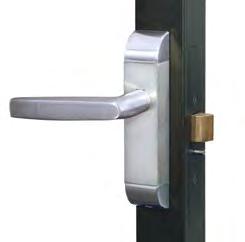 Rite exit device. The locked handle is protected from vandalism and forced entry with a breakaway clutching mechanism.