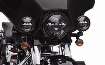 Headlamps feature horizontal D-shaped lenses that focus light into a pool in front of the motorcycle and separate high beam and low beam projector lenses that provide a focused beam of light ahead.