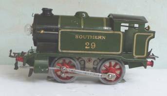 1S.01 Hornby 0-gauge Locomotivers - electric Hornby E120 0-4-0 Tank Locomotive, in 'Southern' olive lined green livery No. 29. With cylinders and rods.