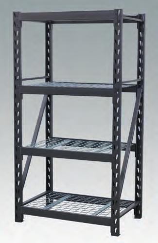 Two piece uprights allow use as a single bay rack or split into two separate shelf systems or workstations as below.