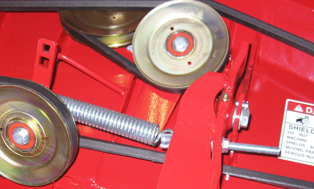 SERVICE Drive Belt Replacement 1. Detach the mower deck from the power unit. 2. Remove the drive pulley shield. 3. Remove the old drive belt. 4.