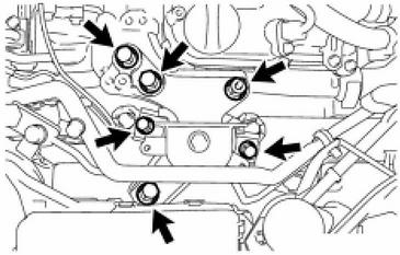 NOTICE: Make sure to set a jack as shown in the illustration. Do not place the jack on the oil pan.