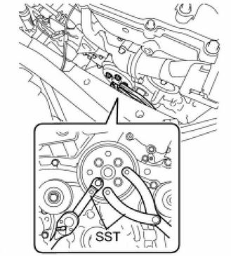 (c) Remove the water inlet housing No. 1 gasket and water outlet pipe O-ring. 21. SEPARATE WATER PUMP PULLEY (a) Using SST, hold the water pump pulley.