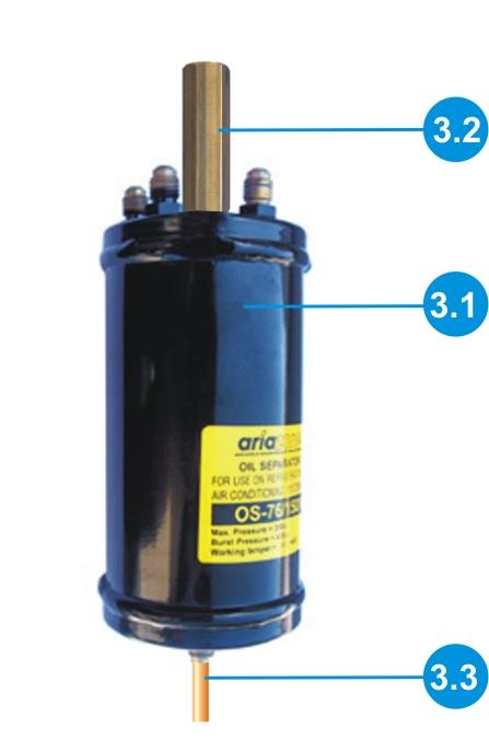 3. Oil Separator 3.1. 3.2. 3.3. HNBR "O" Ring (5.28 x 1.78mm) Oil Separator AI-150/76/1 Code: 0000125 Weight: 1kg Pack. Dimensions: 80 x 80 x 260mm 1/4" Fem. Flare - 1/4" Fem.
