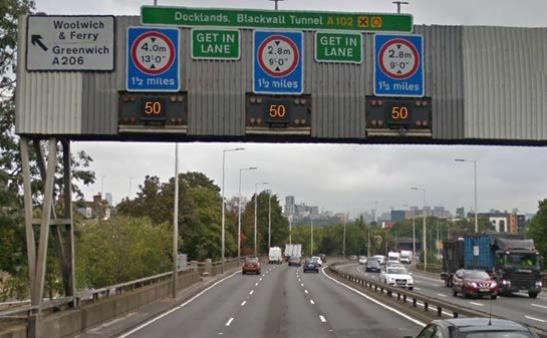 3.2.3 REAL SPEED LIMITS Real speed advisory signs will be set on a section of the A102 Northbound on four gantries starting just North of Sun-in-the-Sands roundabout after the A2 becomes the A102.