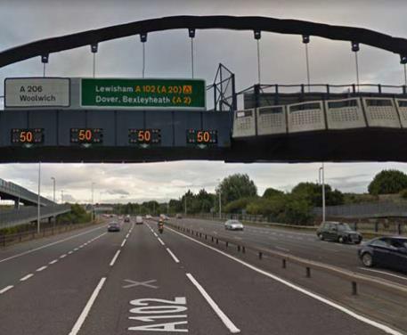 3.2.4 VIRTUAL IVS The IVS messages will be a simulated lane closure on the nearside lane of the A102 Southbound, just North of Sun-in-the-Sands roundabout, before the A102 becomes the A2.