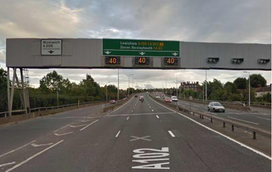 Figure 8 shows a picture of the first marked gantry sign on the A102 Southbound route adjacent to the cinema complex in the direction of Kent. This gantry is set to simulate speed limits of 50mph.