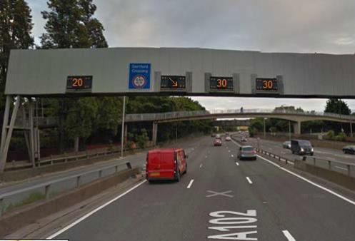 The third gantry sign located on the A102 Southbound is a four lane gantry.