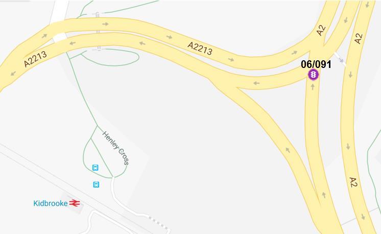 Figure 20 - Location of Northbound GLOSA site 06/091 Figure 21 shows the location of the Sign Under Test VMS on the A2 with respect to the Event centre located in Kent.